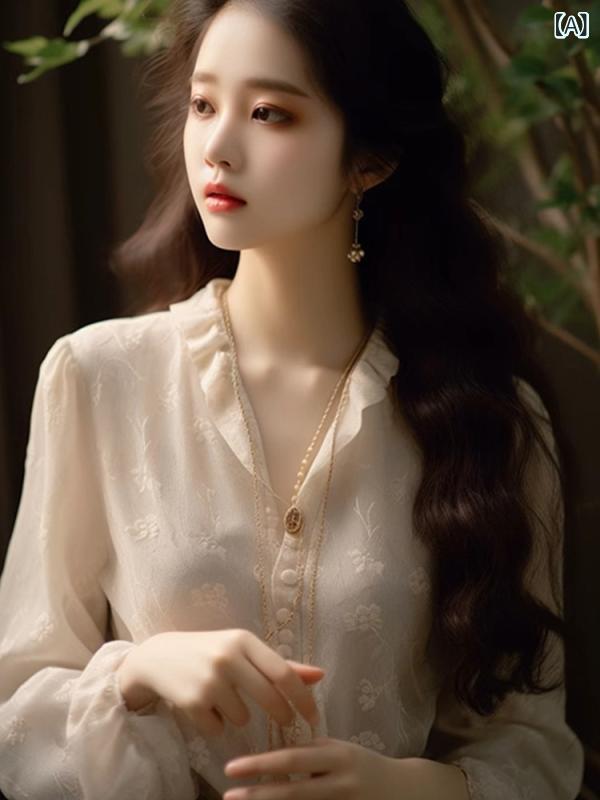 シャツ レディース 女性用 トップス 春夏 長袖 Vネック フレンチフェミニン エイジレス スタイルアップ 着痩せ 花柄 ゆったり ミドル丈 アイボリー ポリエステル 着回し抜群 通勤 オフィス カジュアル 華やか