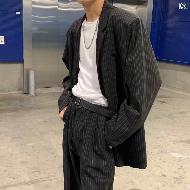 セットアップ メンズ 男性用 韓国 ストライプ柄 ゆったり ルーズフィット カジュアル テーラードジャケット スラックス 春夏 トレンド コットン ビジカジ 普段使い