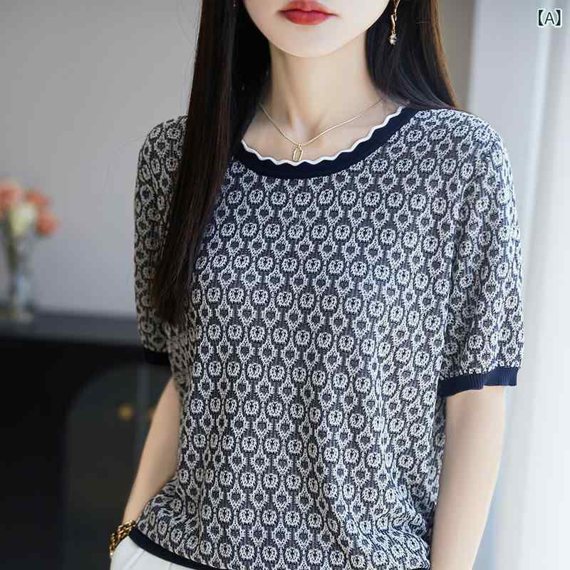 トップス レディース レトロカジュアル テンセル リヨセル ニットTシャツ 半袖 ラウンドネック 配色 切り替え ゆったり 薄手 プルオーバー ミドル丈 春夏