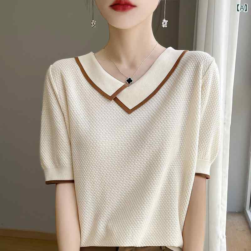 Tシャツ レディース アシンメトリー ドールカラー テンセル ニット 半袖 通気性 肌触り良い 切り替え 薄手 ゆったり 春夏 オフィス カジュアル