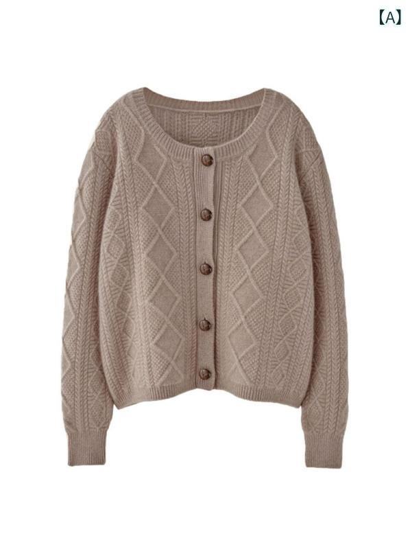 ニット カーディガン レディース 女性用 カシミヤ ウール ソフト 厚手 暖かい 保温 ケーブル編み ゆったり クルーネック 秋冬｜naruki
