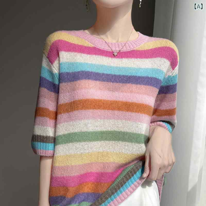 ニット レディース カシミヤ ブレンド Tシャツ 五分袖 クルーネック マルチカラー ボーダー柄 ゆったり 薄手 上品 夏物 きれいめ｜naruki
