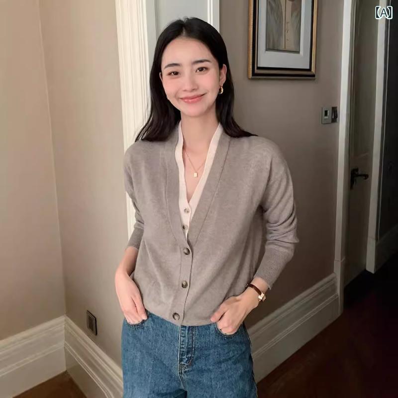カーディガン レディース Vネック カシミヤ混 フェイクレイヤード ショート丈 ゆったり 着痩せ 通勤 オフィス カジュアル 羽織り 秋冬｜naruki