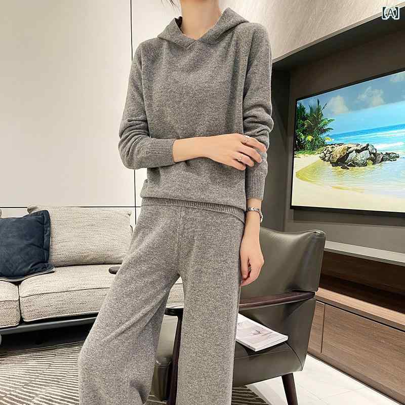 セットアップ レディース ウール フード付きパーカー ワイドパンツ ロング丈 無地 カジュアル 通勤 オフィス 秋冬|naruki