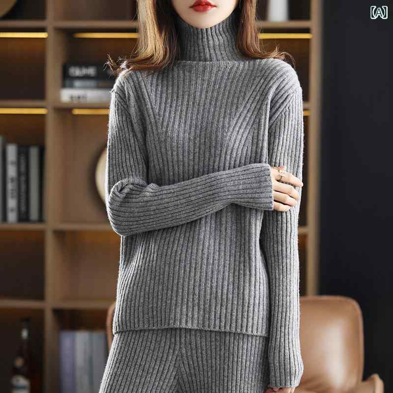 ニットセットアップ レディース 秋冬 ハイネック 長袖 ウール カシミヤ ツーピース ワイドパンツ エレガント 通勤 オフィス カジュアル