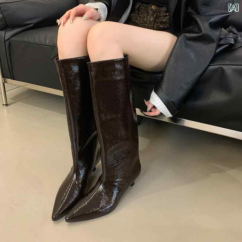 ロングブーツ レディース 細ヒール ポインテッドトゥ ストレート ワイド筒周り パンツイン 細見え レザー調 秋冬 韓国ファッション ダークブラウン 通勤 普段使い クッション性