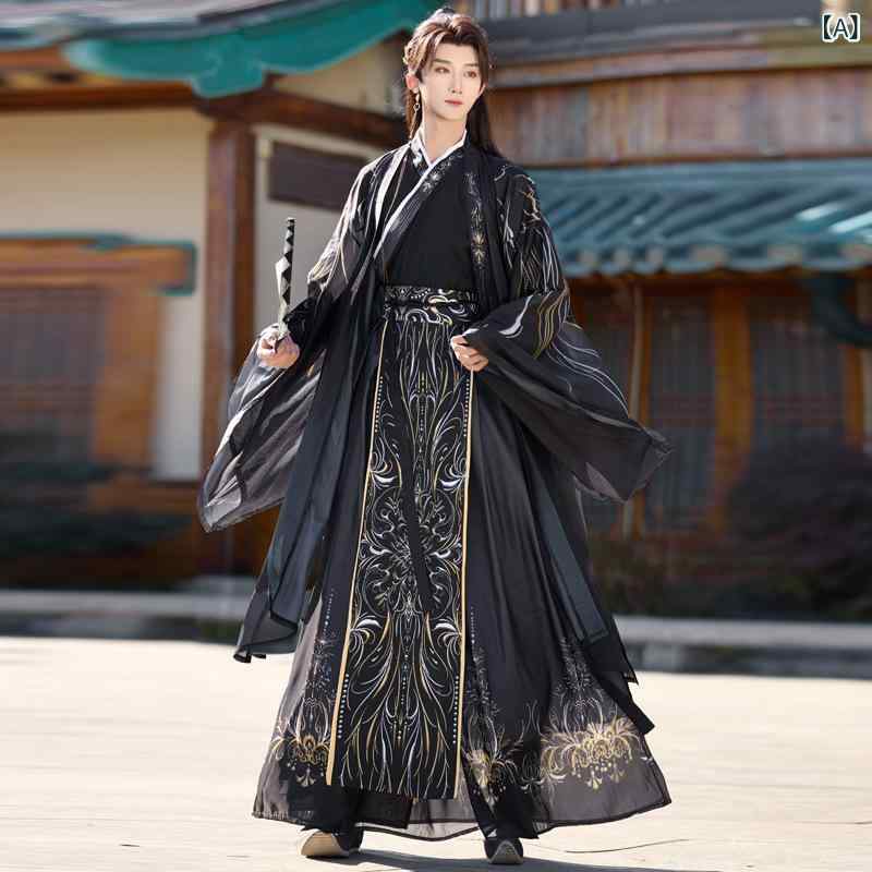 漢服 男女兼用 ユニセックス 国風 魏晋時代 仙侠 ファンタジー 古典衣装 コスチューム イベント 舞台衣装 コスプレ ブラック ポリエステル 麻混 クール かっこいい 武道風 軽やか 優雅 ゆったり 大袖トップス 長袖上着 羽織｜naruki