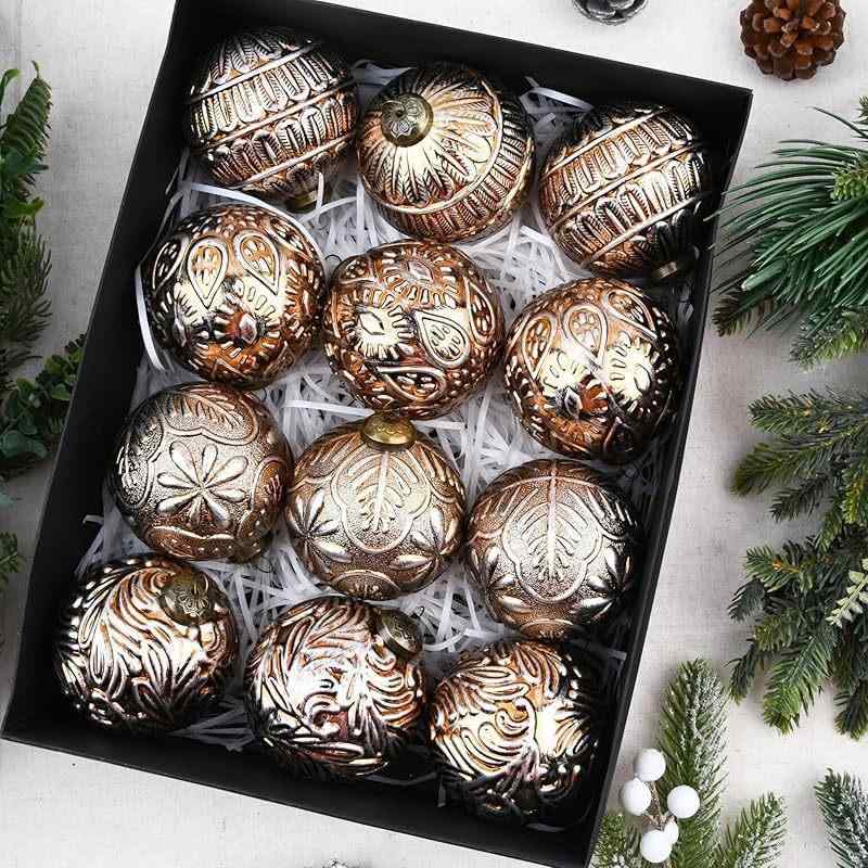 クリスマスオーナメント レトロ アンティーク ヴィンテージ調 8cm 12個セット クリスマスボール ツリー飾り 室内装飾 プラスチック製 クラシックデザイン ブラウン系 シャンパンゴールド 高級感 軽量 冬 ウィンター