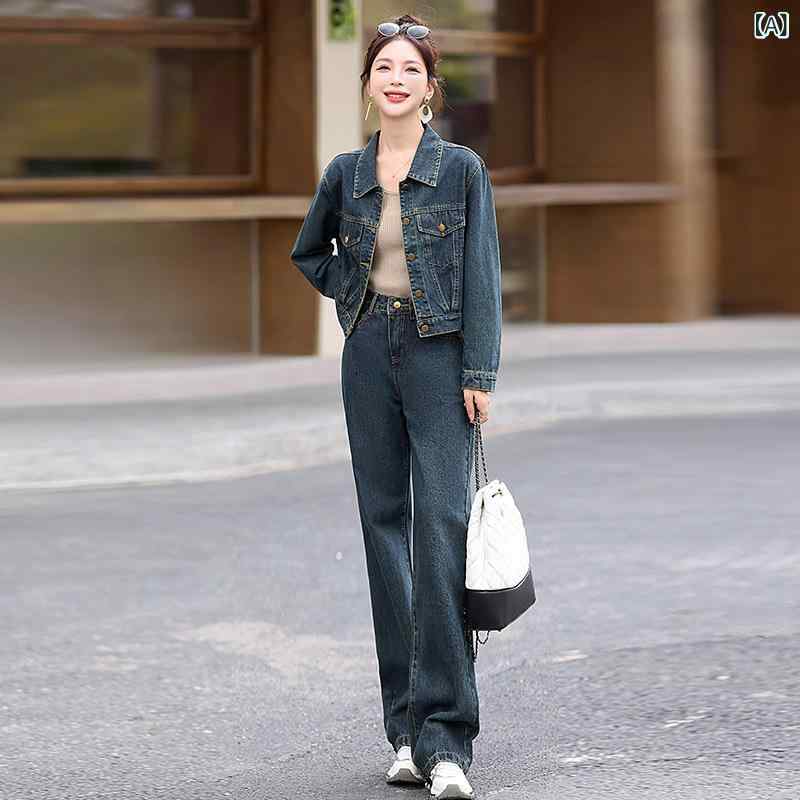 セットアップ レディース 韓国風 ファッション 春夏 通勤 普段使い 体型カバー 細見え デニム ワイドパンツ ロング丈 長袖 ポケット付き 切り替え ポリエステル 2点セット