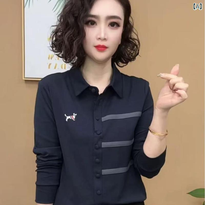 シャツ レディース ママ 大人女性 春秋 きれいめカジュアル ポロカラー 長袖 ゆったり 体型カバー スタイルアップ 細見え 無地 着回し 通勤 ポリエステル ブラウス ネイビー グレー ピンク
