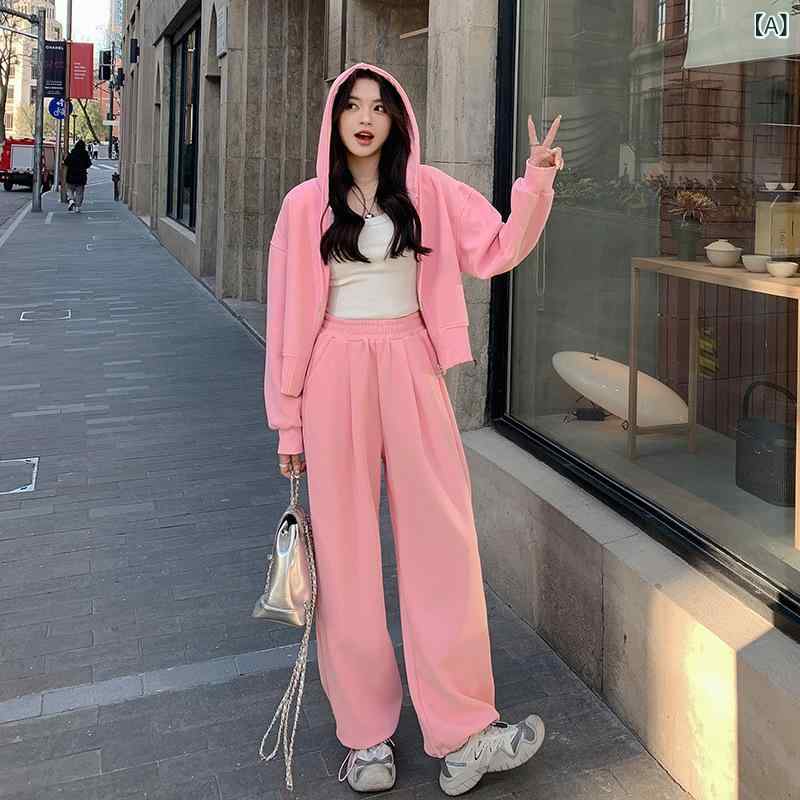 セットアップ レディース ピンク 春夏 韓国風 エレガント おしゃれ スポーツカジュアル 2点セット パンツ 体型カバー 着痩せ 無地 ロング丈 ポケット 切り替え ポリエステル 長袖 ドロップショルダー ゆったり リラックスウェア