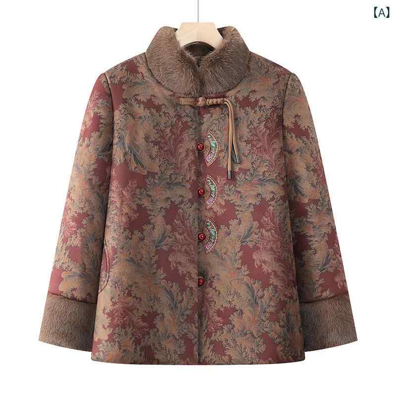 中綿ジャケット レディース シニア 女性用 ミセス 母親 冬物 厚手 暖かい 保温 防寒 ショート丈 低身長 小柄 ゆったり スタンドカラー アウター ブルゾン 花柄 ポリエステル 通勤 普段使い お出かけ レッド系 グリーン系