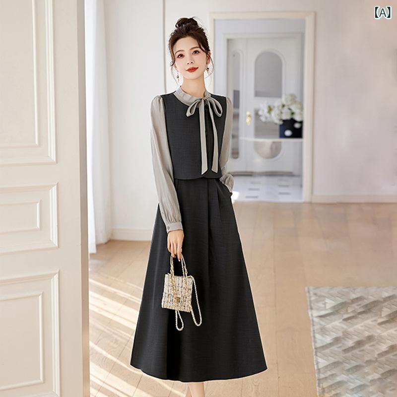 ワンピース カジュアル フェイクレイヤード 切り替え 春夏 ミディ丈 上品 スタンドカラー 長袖 Aライン ハイウエスト ウエストリボン ポリエステル 普段使い お出かけ