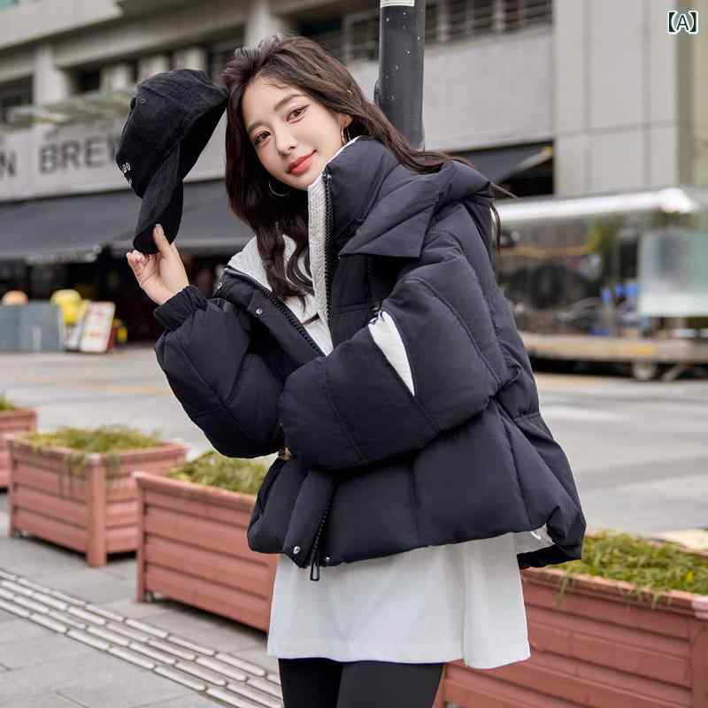 ダウンジャケット レディース 女性用 冬 韓国風 ゆったり オーバーサイズ フード付き スタンドカラー 立ち襟 配色 切り替え ミドル丈 ダックダウン コート 厚手 防寒 アウター ジップアップ カジュアル 普段使い