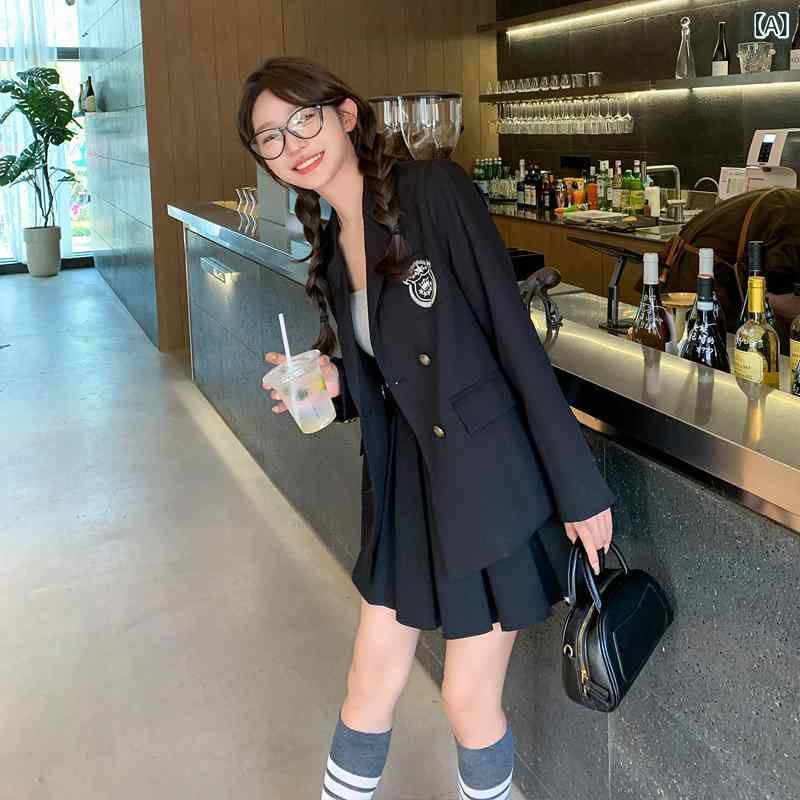セットアップ レディース JK制服 スクール風 学院風 テーラードジャケット ブレザー プリーツスカート ミニ丈 長袖 春夏 韓国ドラマ風 ガーリー フェミニン かわいい ポリエステル ブラック グレー アイボリー|naruki