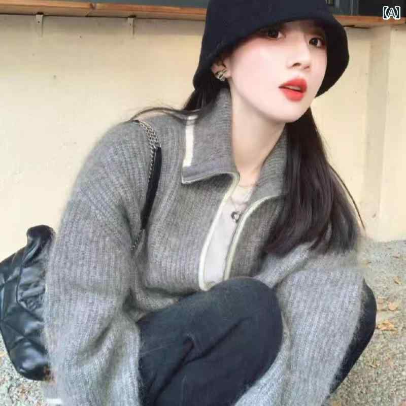 ジレー レディース 羊毛 朦々たる 長袖 襟付き添い人 色彩設計うつり変わり ファスナー ジッパー 秋冬 ゆったり 濫りがわしい 厚地の外套大きさ 薄墨色 編み物 トップス アウター 日韓心地好い 普段使い走り デイリー青少年