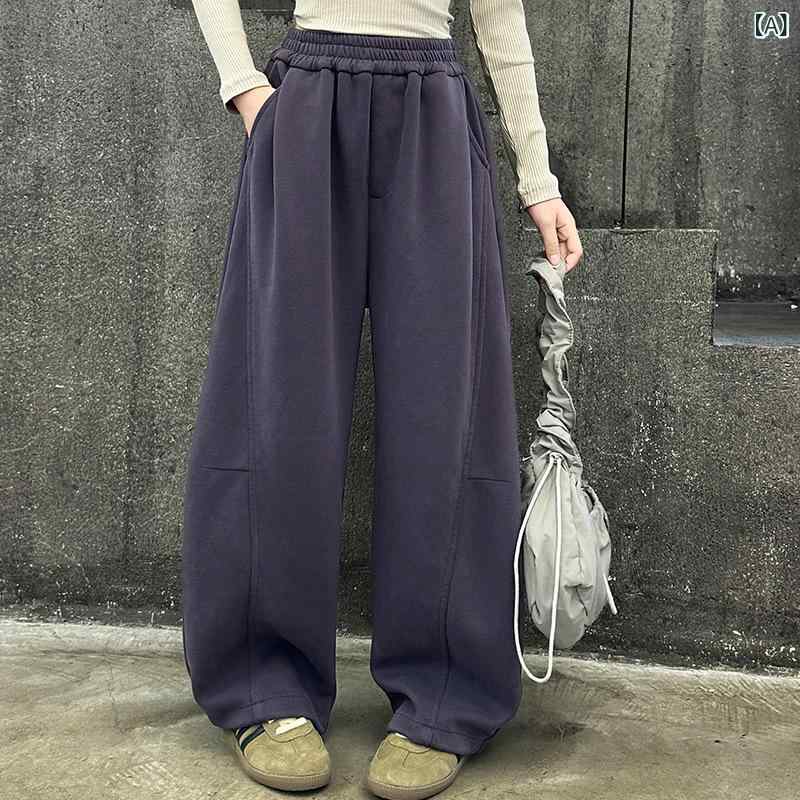 パンツ 女の子 ガールズ ジュニア バナナパンツ ロング丈 ゆったり ルーズ ストレート ウエストゴム ハイウエスト カジュアル 春秋 冬 裏起毛 綿混 アセテート繊維 ソフト 普段使い 通学 お出かけ 楽ちん