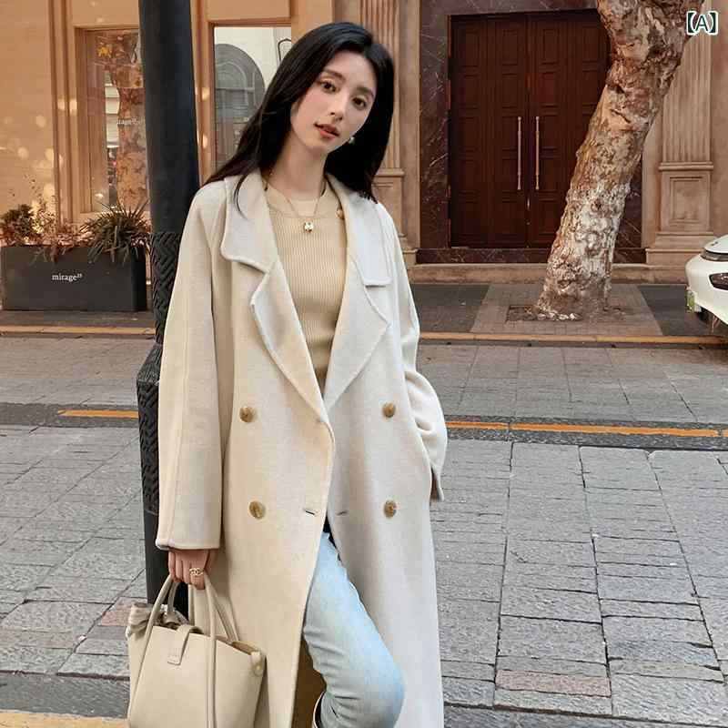 コート レディース カシミヤ ウール ダブルフェイス ロング丈 ひざ下 ウエストマーク ベルト付き エレガント 上品 高級感 無地 テーラードカラー ダブルブレスト 秋冬 通勤 オフィス