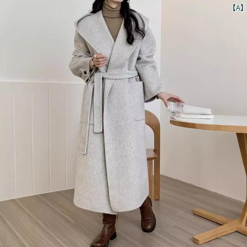 コート レディース 秋冬 ダブルフェイス カシミヤ ウールコート フード付き ベルト付き ラグランスリーブ ミドル丈 高級感 上品 きれいめ 通勤スタイル マロンブラウン｜naruki
