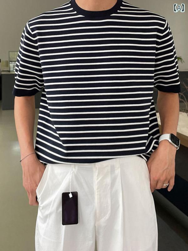 Tシャツ メンズ 春夏 韓国風 ストライプ柄 ボーダー 半袖 ニットトップス ゆったり ルーズフィット オーバーサイズ クルーネック 丸首 カジュアル 普段使い 着回し抜群 ポリエステル イージーケア