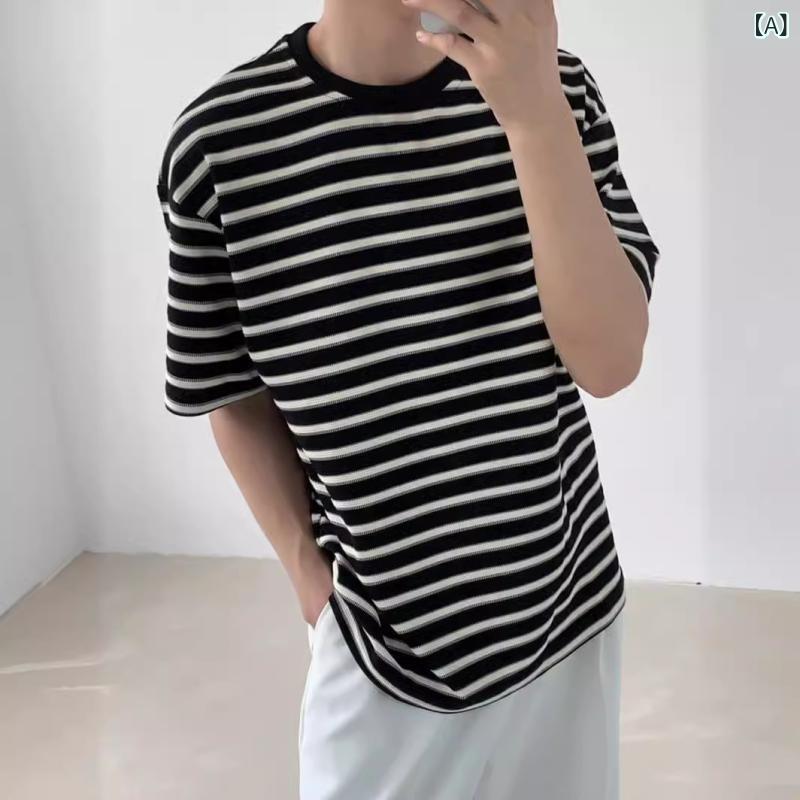 Tシャツ メンズ モノトーン 立体 ストライプ 半袖 クルーネック ゆったり ルーズフィット ヘビーウェイト 綿100% コットン デザイン 個性的 トレンド カジュアル トップス 春夏