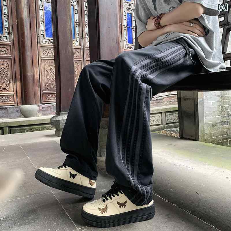 スウェットパンツ メンズ アメリカン ヒップホップ ストライプ ストリートファッション スポーツ ルーズフィット ストレートシルエット ゆったり 伸縮性 通気性 ポリエステル素材 カジュアル 普段使い 着回し ロング丈 長ズボン 春夏 4,001円