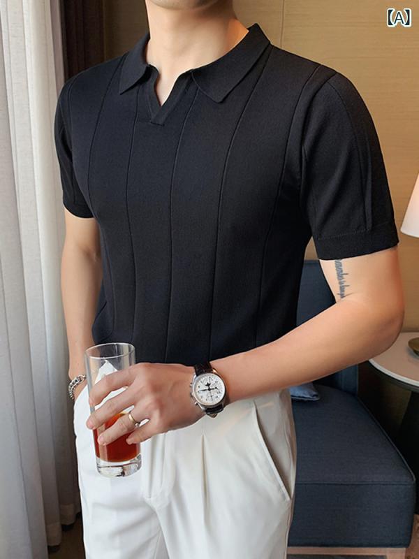 ポロシャツ メンズ 男性用 接触冷感 半袖 Vネック ニット スリムフィット ビジネス クール スタイリッシュ 大人カジュアル 無地 切り替え ポリエステル 普段使い 夏物 トップス