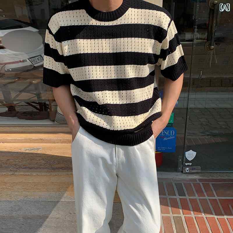 Tシャツ メンズ 韓国風 春夏 クルーネック 半袖 五分袖 サマーニット ポリエステル ゆったり ルーズフィット オーバーサイズ ストライプ ボーダー 通気性 デザイン カジュアル