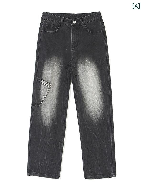 デニムパンツ メンズ ウォッシュ加工 ブラック フェード加工 春秋物 ゆったり ストレートシルエット アメカジ ヴィンテージ ストリートファッション