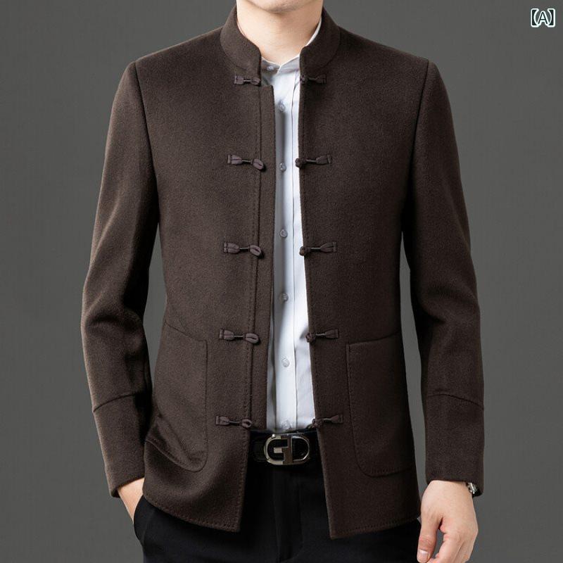 チャイナジャケット メンズ 男性用 紳士 ミドルエイジ 秋冬 中山服 ウール 羊毛 ダブルフェイス スタンドカラー 立ち襟 厚手 防寒 上品 高級感 スリムフィット アウター ブルゾン カジュアル ビジネス