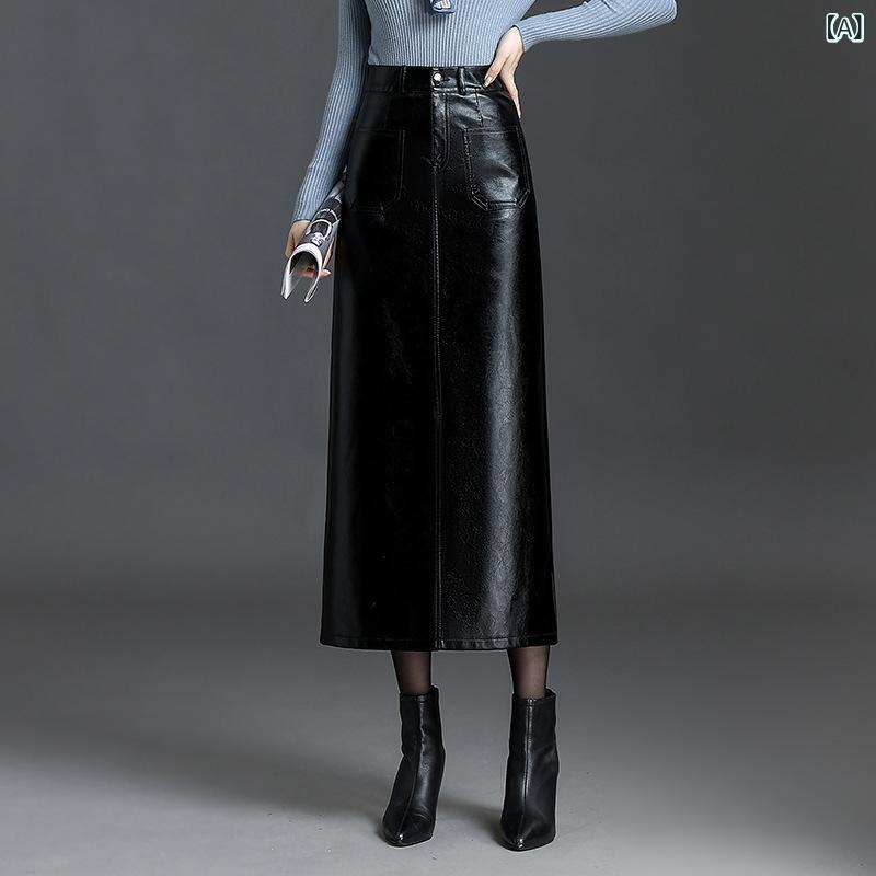 スカート レディース 女性用 羊革 スリット ハイウエスト タイト ミディ丈 ミモレ丈 着痩せ 上品 エレガント オフィス カジュアル 春秋 ポケット付き ストレッチ 無地 ブラック ブラウン