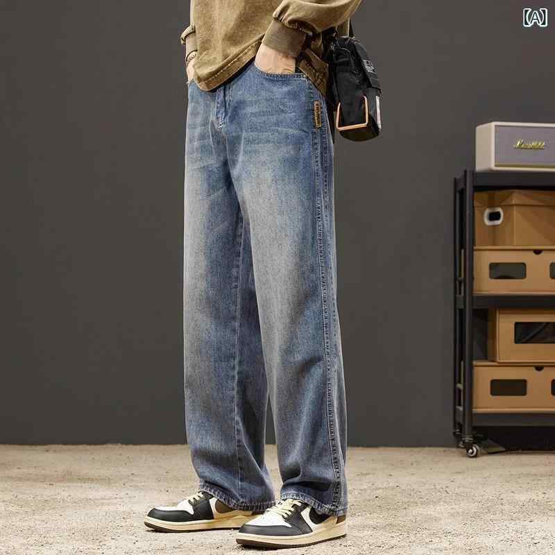 デニムパンツ メンズ アメリカン レトロ ヴィンテージ ゆったり ストレート ウォッシュ加工 コットン 春秋 ロングパンツ レトロブルー ストレッチ カジュアル 普段使い