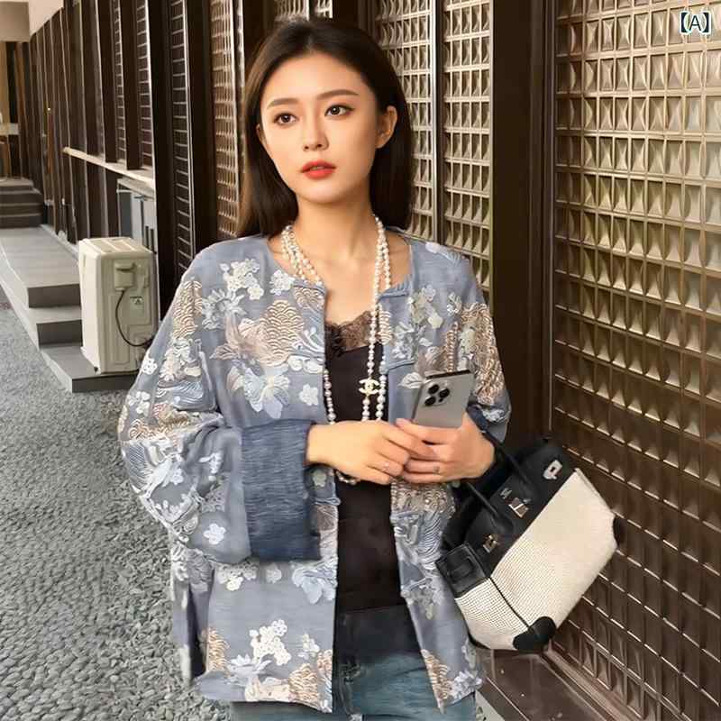 ジャケット レディース 新中国風 刺繍 桑蚕シルク 亜麻 チャイナボタン 長袖 ゆったりシルエット ラウンドネック ミドル丈 ブルー 上品 エレガント オフィス カジュアル 普段使い 着回し 春秋 羽織り