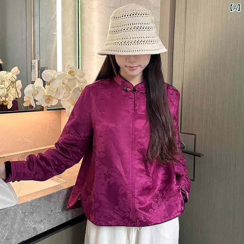 アウター レディース 中国風 今めかしい 地絹 麻 混紡 ジャカード織り 花柄 照明ランプ色つや 長袖 秋冬 飛び切り感 レトロ パープル