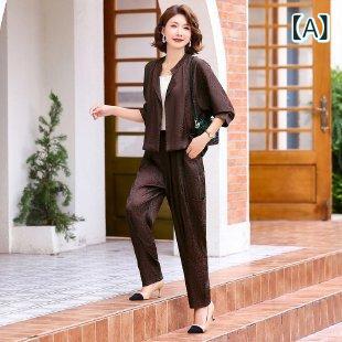 セットアップ ツーピース レディース 春秋 ママ服 おしゃれ カジュアル レトロ きれいめ ジャケット トップス ハーレムパンツ シェニール スパンデックス 伸縮性 高級感 高見え 普段使い お出かけ ブラウン ブラック
