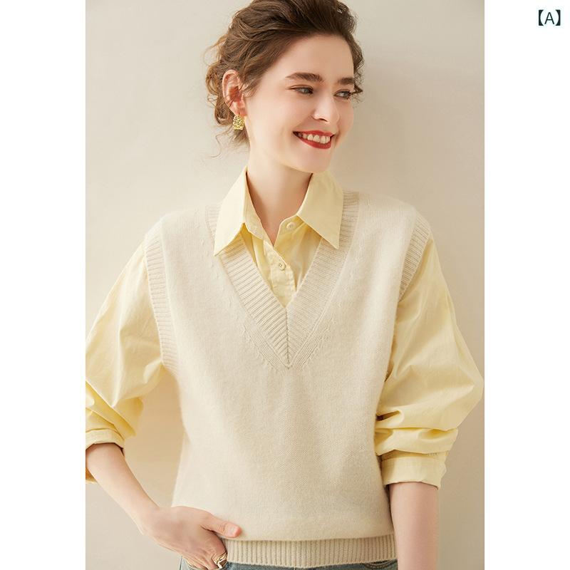 ニットベスト レディース 女性用 秋冬 カシミヤ混 Vネック プルオーバー ソフト ゆったり 無地 重ね着 インナー アウター 通勤 オフィス カジュアル 上品|naruki