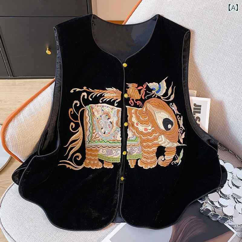ベスト レディース ブラック 黒 ベルベット 新チャイナ風 豪華刺繍 ジレ ラウンドネック 羽織り 重ね着 春秋 上品 エレガント オフィス カジュアル