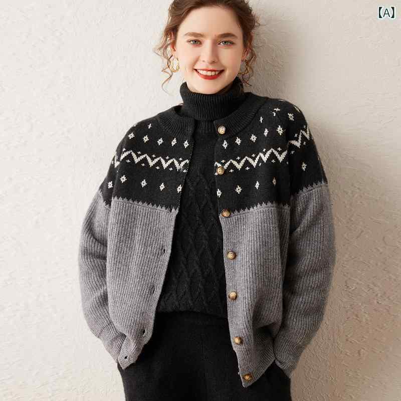 カーディガン レディース 女性用 秋冬 カシミヤ混 クルーネック 切り替え 配色 ゆったり ルーズ 長袖 シングルボタン 厚手 ジャカード織り グレー オフィス 通勤 きれいめ カジュアル ニット 羽織り