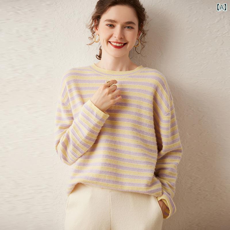 ニット レディース 秋冬 カシミヤ クルーネック 長袖 プルオーバー ゆったり 細見え ボーダー柄 上品 スウィート あったか トップス|naruki