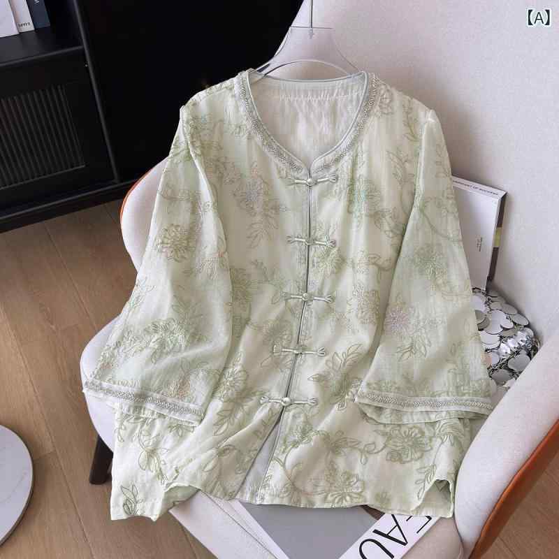 セットアップ レディース 新中華風 禅茶服 豪華刺繍 パフスリーブ 長袖 ポリエステル レトロ エレガント グリーン 春夏