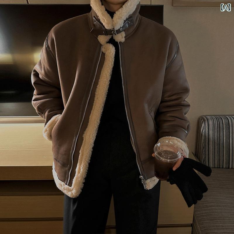 コート メンズ 中綿ジャケット ラムウール風 フェイクムートン 裏ボア 厚手 保温 スタンドカラー ルーズフィット ゆったり カジュアル 秋冬 韓国 トレンド｜naruki