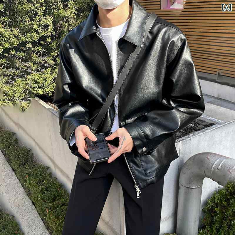 レザージャケット メンズ ショート丈 PUレザー ライダースジャケット ルーズシルエット シャツ襟 ジップアップ 春 カジュアル 韓国風 マルチポケット ブラック ダークブラウン