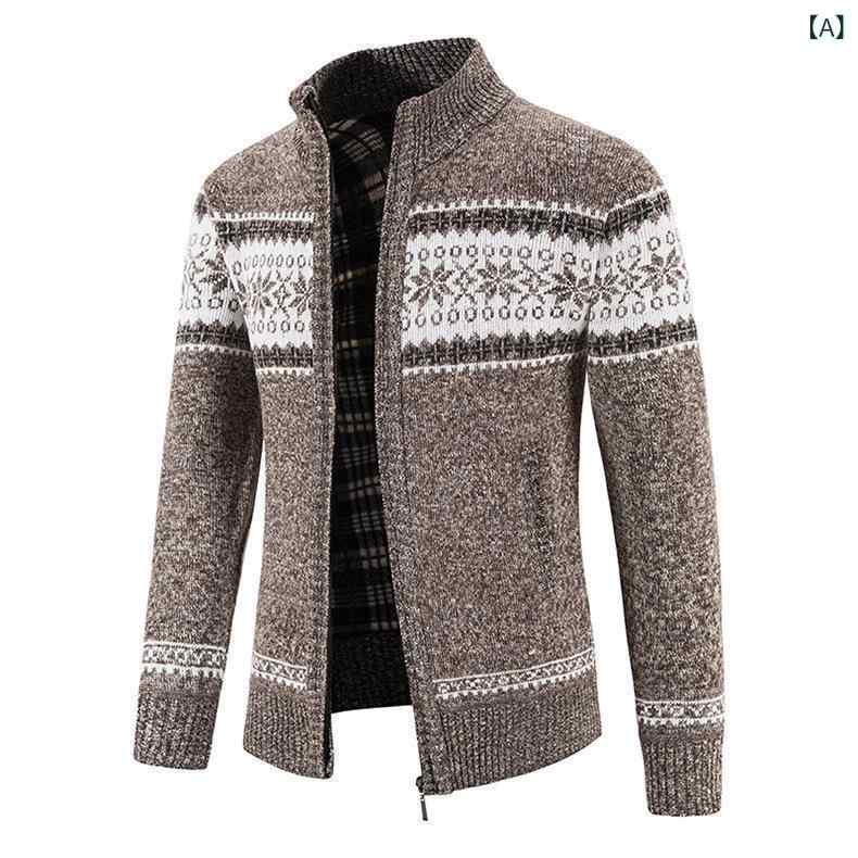 ニット メンズ 秋冬 裏起毛 厚手 スタンドカラー ジップ ファスナー カーディガン 雪柄 ジャケット 羽織り カジュアル 普段使い スリムフィット 綿混 ウォッシャブル 韓国風