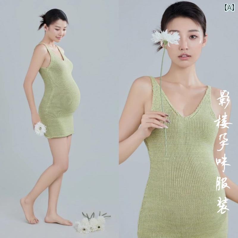 ワンピース マタニティ 妊婦 写真撮影用 衣装 フォトスタジオ 記念撮影 ニット キャミソール ドレス 明るい色 鮮やか コットン 伸縮性 ゆったり Aライン ロング丈 フリーサイズ
