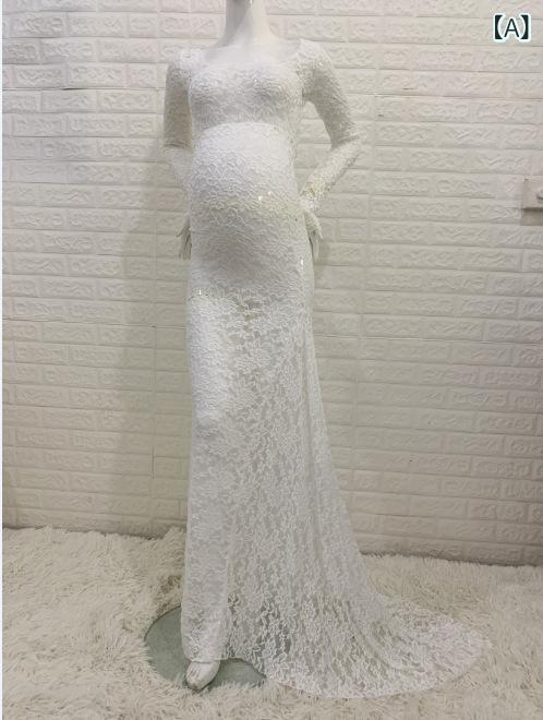 ワンピース マタニティ 欧米風 レース オフショルダー ロング丈 長袖 無地 切り替え ティアードスカート ハイウエスト アクリル 春夏 ホワイト 大人可愛い エレガント 綺麗め