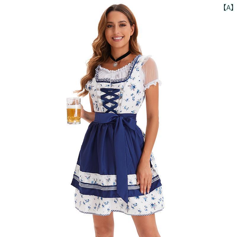 ワンピース レディース ドイツ ビール祭り オクトーバーフェスト イベント バイエルン 民族衣装 メイド服風 ドレス コスチューム セット ブルー ポリエステル