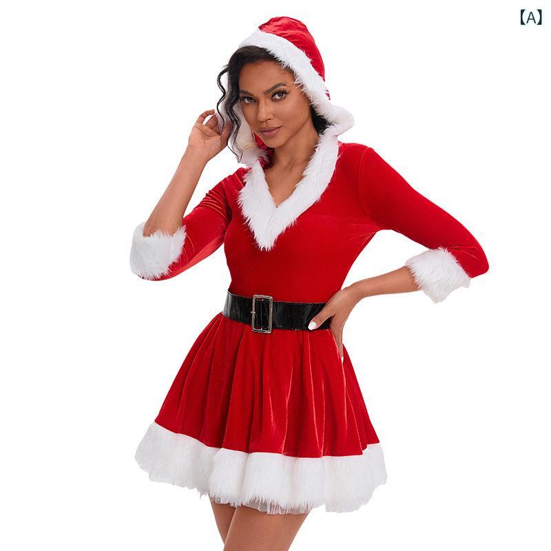 クリスマス コスチューム レディース フード付き ベロア ワンピース ロング丈 大人用 舞台 演劇 イベント 仮装 衣装 ドレス 女性用 秋冬 かわいい おしゃれ あたたかい