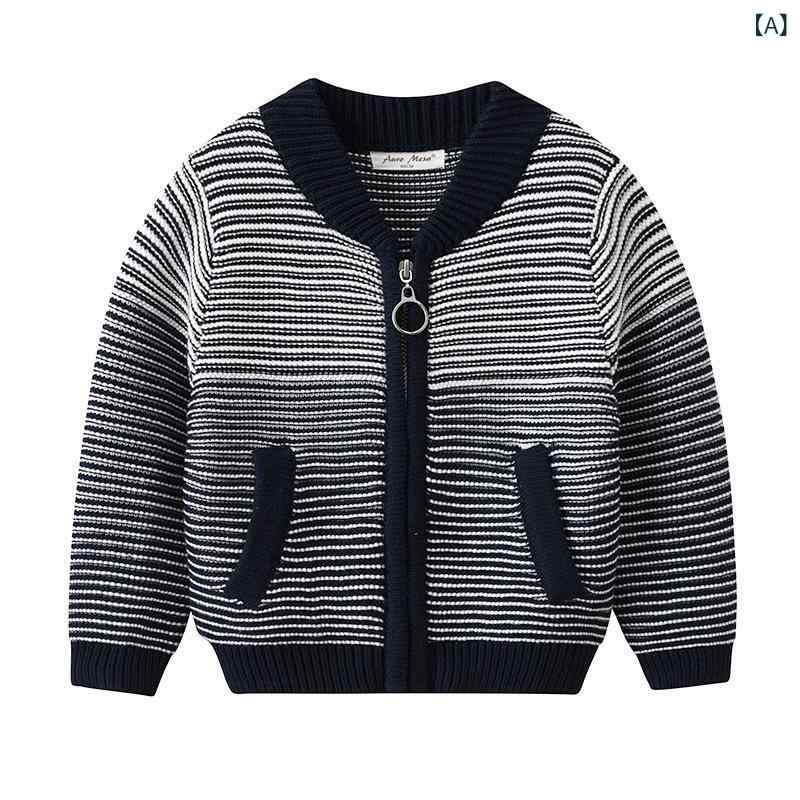 ニット 男の子 キッズ 秋冬 綿 コットン ストライプ柄 ベースボールジャケット カーディガン 長袖 クルーネック ジップアップ 柔らか 肌触り カジュアル アウター 紺