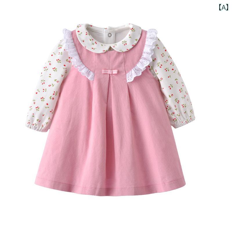 セットアップ ベビー 女の子 春秋 綿100% 付け襟 レース 花柄 ピンク プリンセスライン かわいい 1歳 2歳 3歳 普段使い お出かけ フォーマル 柔らかい肌触り 上下セット