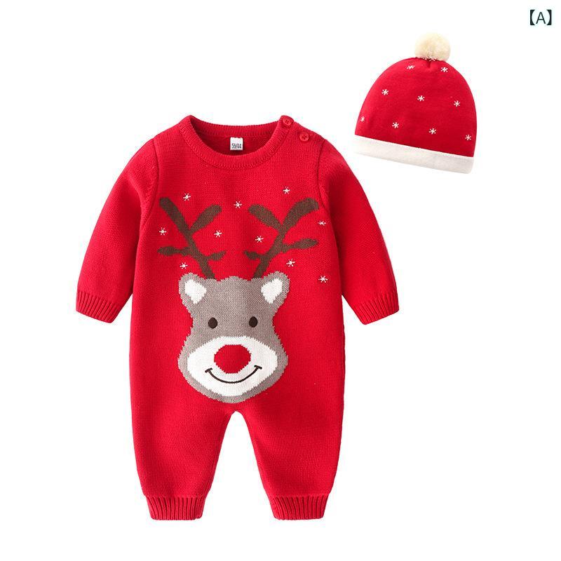 ロンパース ベビー 新生児 秋冬 クリスマス トナカイ柄 コットン ニット 二重 カバーオール 長袖 帽子付き 取り外し可能 柔らかい 男女兼用 出産祝い ギフト おしゃれ
